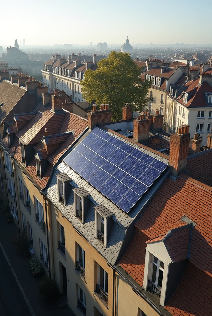 Toiture urbaine avec panneaux solaires et ombrage